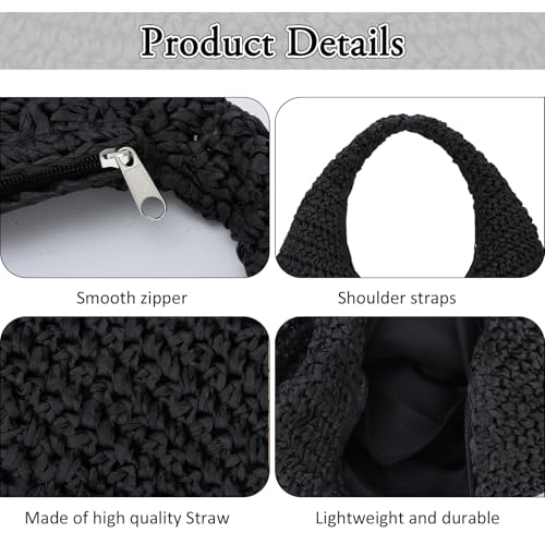 Fecialy Straw Bag for Women Crescent Shoulder Handbag Straw Summer Beach Tote Handbag Raffia Woven Hobo Bag - color: Black