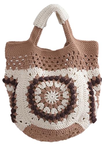 Womens Summer Boho Crochet Beach Tote Bag Handmade Woven Handbag Large Travel Vacation Shopper Straw Purse - color: Khaki