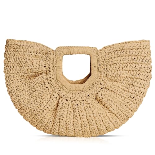 Rattan Handbag, Semi-Circular Woven Beach Bag for Women - Handmade, Perfect for Vacation Travel & Daily Use (Khaki)