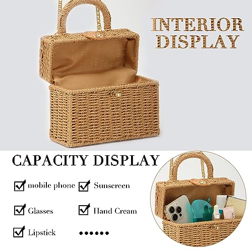 Fecialy Women Handwoven Rattan Handbag Beach Straw Tote Bag Square Boho Crossbody Bag - color: Brown