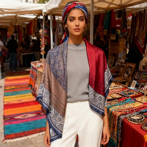 XL 43 Inch Extra Large Square Scarf Fashion Scarves Silk Feeling Hair Scarf Wrapping Scarfs Night Sleeping Headscarf - color: Ba1020