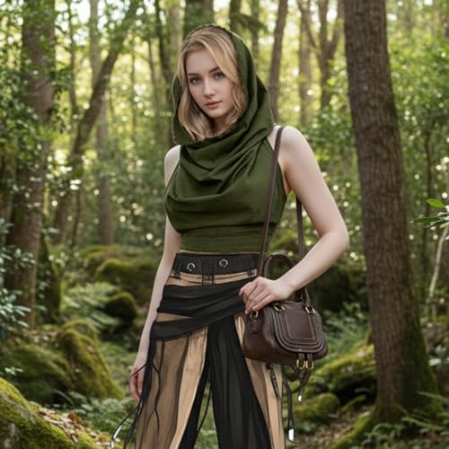 Boho Raw-Edge Crop Top – Adjustable Halter with Open Back & Cross-Wrap Design, 100% Cotton Beach Cover Up - color: Olive Green