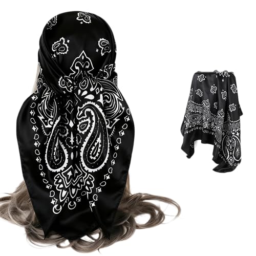 INOGIH 35'' Leopard-Print Satin-Bandana-Headscarf - Light Head Wraps Neck Face Scarves Cover for Women - color: Black