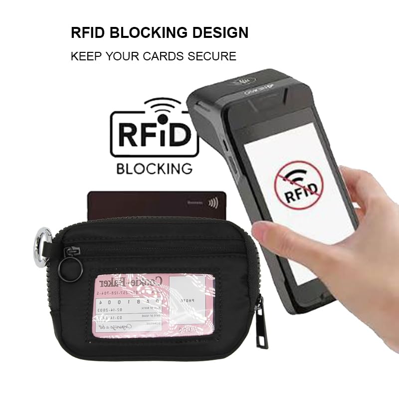 Wristlet Wallets for Women,Quilted RFID Blocking Small Zipper Coin Purse Keychain Wallet with ID Window Lightweight Travel Wristlet wallet - color: Black