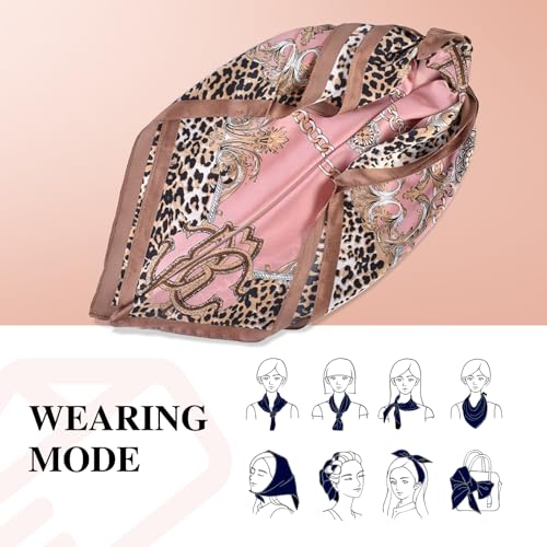 27.5 Inches Silk Head Scarf for Women Satin Hair Scarf Silk Wrap Neck Square Scarves Feeling Scarf Boho Headwear - color: Pink-leopard Print Chain