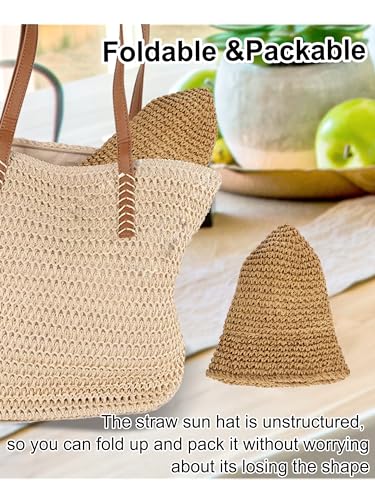 Rulala Fancy Womens Sun Hat Handmade Straw Bucket UV Protection Wide Brim Packable Travel Summer Cap for Beach UPF 50+ - color: Khaki