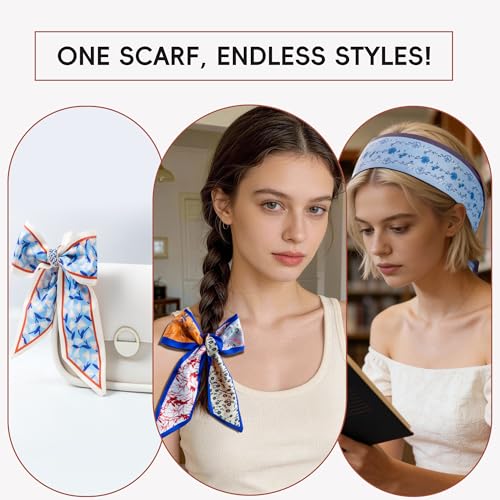 ZXZH 6 Pack Fashion Scarves for Women, Versatile Boho Head Scarf, Satin Scarf for Hair, Neck, Wrist, and Purse Accessories - color: Cognac Botanical Mix