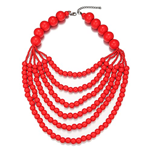 COLORFUL BLING Boho African Wooden Beaded Bib Statement Choker Necklace Long Multi Strand Chunky Layered Collar Tassel Necklace for Women Handmade Jewelry - color: red