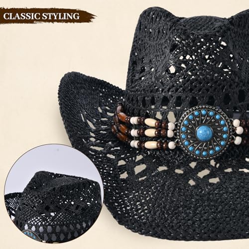 Straw Cowboy Hat for Men Womens Straw Cowgirl Hat Summer Western Cowboy Hats with Wide Brim for Cowgirls and Cowboys - color: Black