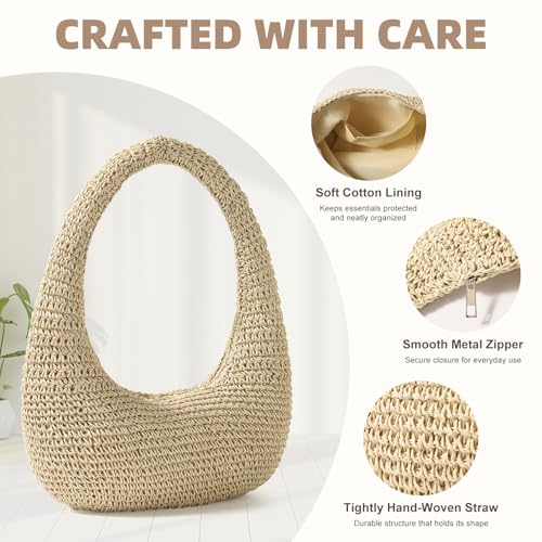 Straw Beach Bag for Women, Summer Tote Bag for Vacation, Hobo Shoulder Bag for Beach Wedding Travel - color: Beige