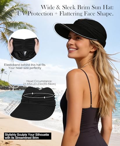 Zando Sun Visor Hats for Women - Beach Wide Brim Fashion Hat UV Protection Quick Dry Packable Summer Cap for Casual Sports - color: A Black