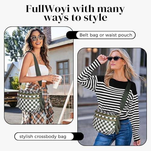 Spacious Nylon Checkered Crossbody Bum Bag for Women, Fashion Checkerboard Fanny Pack Purse with Anti-theft Pocket, Adjustable Wider Strap Wasit Bag (White-Green) - color: White-Green