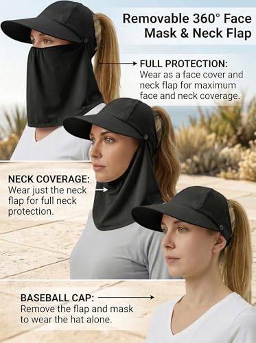 Outdoor Wide Brim Sun Hat Visor for Women, Detachable Face & Neck Cover, Hiking Gardening UPF 50+, Ponytail Friendly - color: Black