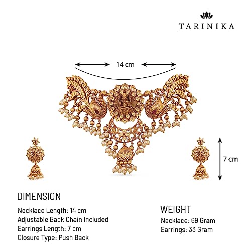 TARINIKA Brass Indian Choker Necklace Set - Gold Plated Cubic Zirconia Indian Jewelry Sets for Women Dangle, Drop, Jhumka Earrings Traditional Desi Necklace Pearls Gift for her - style: Anusri Antique(White Red)