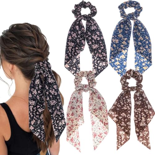 Boho Hair Scarf Scrunchies for Women Bow Hair Ties Floral Hair Scrunchies Silk Elastic Ponytail Holder Hair Accessories for Girls 4 pcs (Rose) - color: Rose