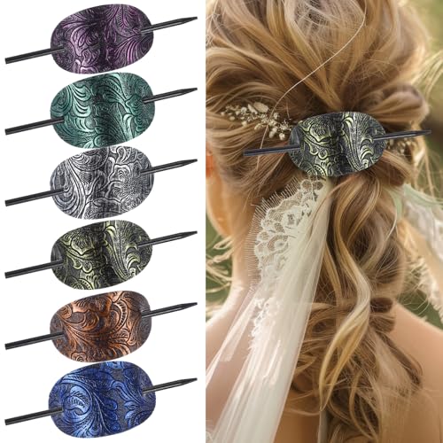 cobee 6 Pcs Leather Hair Barrettes with Stick, Handmade Hairpin Ponytail Holders Bohemian Hairs Barrette with Wood Slide Stick Square Shape Hair Accessories for Women