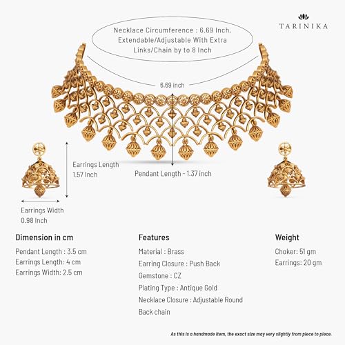 TARINIKA Brass Indian Choker Necklace Set - Gold Plated Cubic Zirconia Indian Jewelry Sets for Women Dangle, Drop, Jhumka Earrings Traditional Desi Necklace Pearls Gift for her - style: Classic