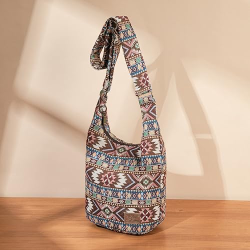 Coton Pose Women Hippie Crossbody Bag - Top Zip Large Capacity Canvas Sling Bag - Jacquard Cloth Handmade - color: Boho Brown