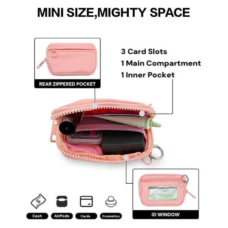 Nylon Wristlet Wallet for Women,Quilted RFID Blocking Small Zipper Coin Purse Keychain Wallet with ID Window Lightweight Travel Wristlet wallet - color: Pink