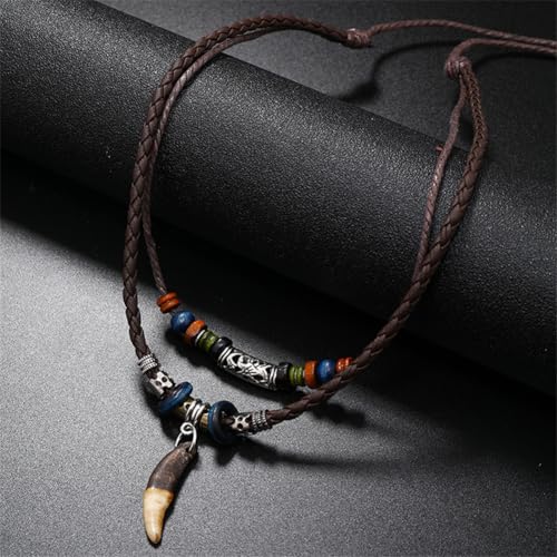 Leather Necklace with Stainless Steel Pendant for Men Women, Vintage Hemp Rope Tribal Choker Necklaces Adjustable 18-30 inch, Clasp-Free Long Necklace - color: Boho Teeth Pendant