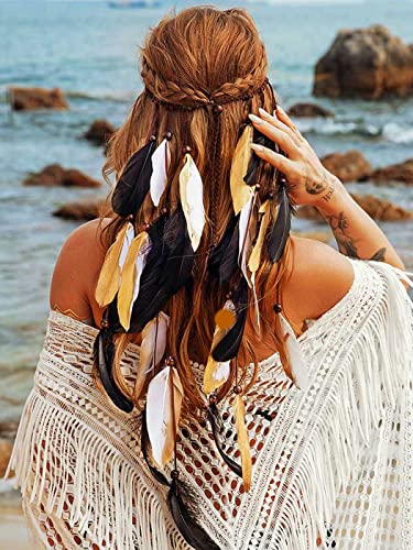 GORTIN Boho Feather Headband Gypsy Headpiece Headdress Bohemian Hippie Headbands Indian Festival Hair Band Adjust Long Feather Hair Accessories for Women and Girls (Black+Gold) - color: Black+Gold