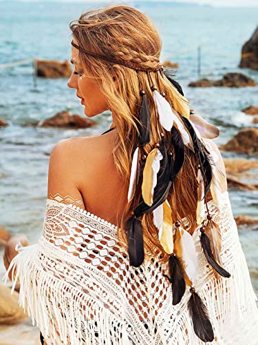 GORTIN Boho Feather Headband Gypsy Headpiece Headdress Bohemian Hippie Headbands Indian Festival Hair Band Adjust Long Feather Hair Accessories for Women and Girls (Black+Gold) - color: Black+Gold