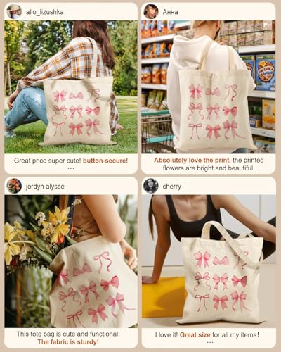Miss Adola Canvas Tote Bag with Zipper – Cute Canvas Bags for Women Aesthetic Design Reusable Totes for Shopping Work Travel - style: Pk Bow Knot
