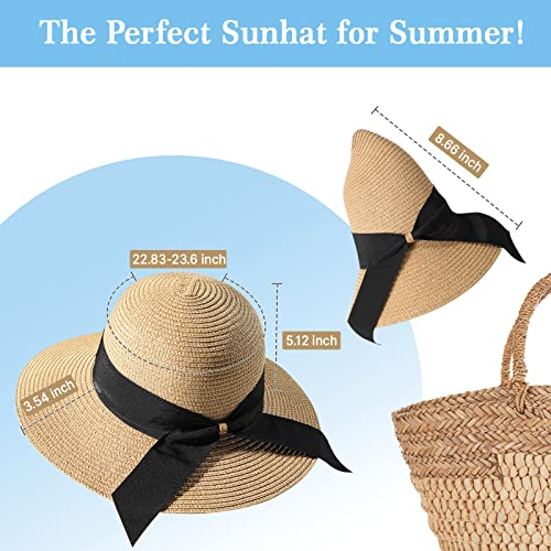 Beach Sun Straw Hats for Women, UPF 50+ UV Sun Protection Wide Brim Summer Straw Hat Foldable Packable Roll up Cap - color: C Khaki