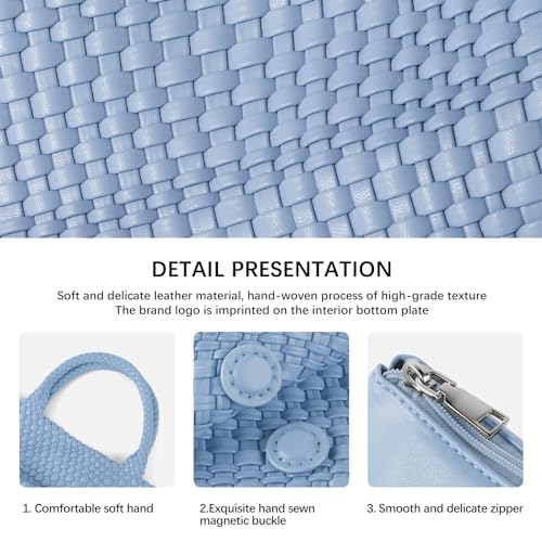 Handmade Woven Bag Satchel Handbag For Women Vegan Leather Tote Bag With Purses Travel Shoulder Bag Underarm Bag - color: Light Blue