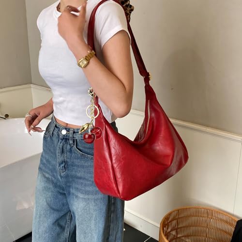 Hobo Bags for Women Leather,Foldable Slouchy Shoulder Purse Crossbody Handbag,Soft Vegan Brown Tote Casual Everyday Handbags - color: Wy22 Upgraded Wine Red