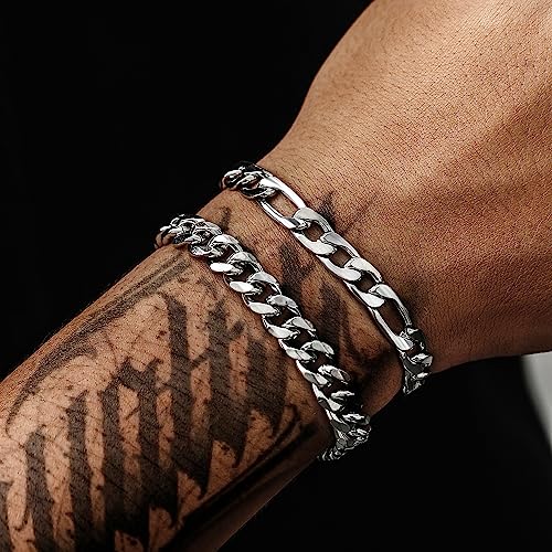 2Pcs Stainless Steel Bracelets for Men 14K Gold Plated Cuban Link Figaro Rope Silver Chain Bracelet Set Curb Width Sturdy Bracelet 7.5/8.3/9 Inches Jewelry Gifts for Dad Husband - color: B:Silver-Figaro+Cuban Link, size: Display Length: 8.3 Inches