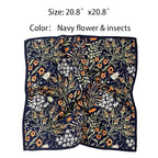 100% Mulberry Silk Neck Scarf - 21'' x 21'' Lightweight Neckerchief - Women Men Small Square Digital Printed Scarves - color: Navy Flower & Insects