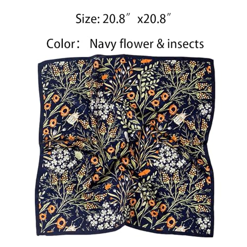 100% Mulberry Silk Neck Scarf - 21'' x 21'' Lightweight Neckerchief - Women Men Small Square Digital Printed Scarves - color: Navy Flower & Insects