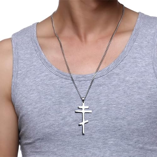 Men's Orthodox Cross Pendant Necklace - Trendy Religious Cross Chain,Hypoallergenic Waterproof Stainless Steel Christian Long Necklaces,Non Tarnish Byzantine Cross Symbol Pendants Necklace for Him - color: Gold+Silver