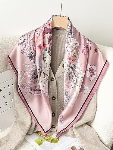 SHIROUYU 100% Pure Mulberry Silk Scarf 35" Large Square Lightweight Headscarf –Women’s Hair Wraps The shawl-With Gift Packed - color: Bouquet