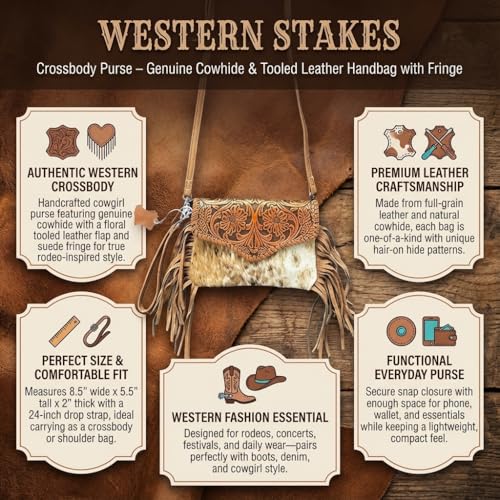 Genuine Cowhide Crossbody Purse - Tooled Leather Fringe Bag for Women - Western Shoulder Handbag Rodeo Style - color: Brown