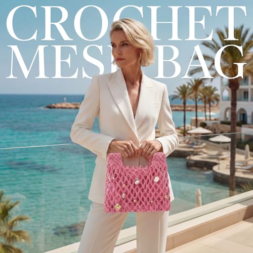 Women Crochet Woven Mesh Handbag Summer Seaside Beach Vacation Straw Tote Purse Wedding Party Gift - color: Pink