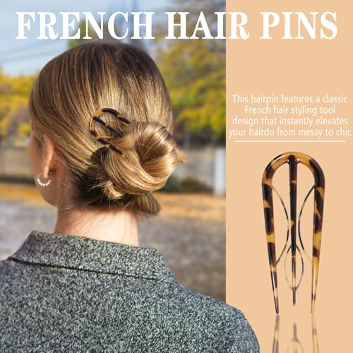 6PCS French Hair Pins for Women, Tortoise Shell French Pins Hair, Large Hair Styling Pins for Thin Thick Hair, 3 Internal Teeth Hair Sticks, Hair Pin for Buns, French Twist Pin, Valentine's Day Gifts - color: Leopard print
