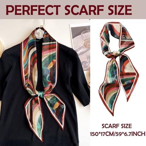 Hair Head Scarf Silk Feeling Long Satin Neck Satin Scarves for Handbag Cute Aesthetic Decoration Women Girls 59 * 6.7” - color: Y16-line