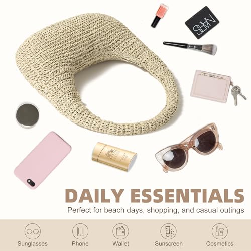 Straw Beach Bag for Women, Summer Tote Bag for Vacation, Hobo Shoulder Bag for Beach Wedding Travel - color: Beige