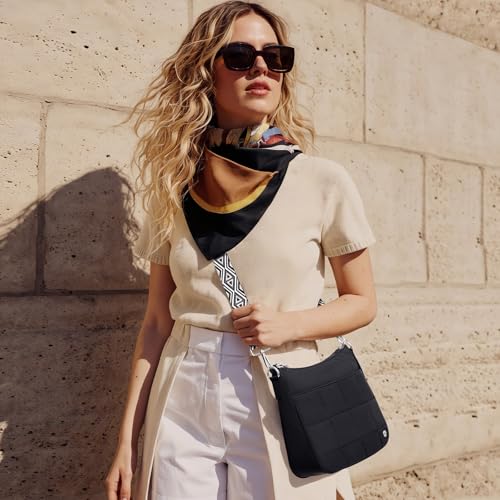 Anti Theft Crossbody Bags for Women,Quilted Puffer Travel Purses Shoulder Hobo Bag Handbag with Guitar Strap - color: Black