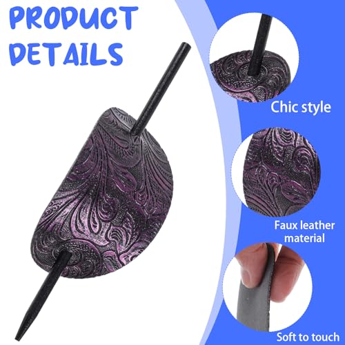 cobee 6 Pcs Leather Hair Barrettes with Stick, Handmade Hairpin Ponytail Holders Bohemian Hairs Barrette with Wood Slide Stick Square Shape Hair Accessories for Women