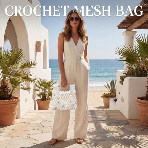 Women Crochet Woven Mesh Handbag Summer Seaside Beach Vacation Straw Tote Purse Wedding Party Gift - color: White