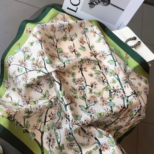 FEIBOON 100% Pure Mulberry Silk Scarfs 26"x26" Square Scarf Women Neckerchief Headscarf hair scarf bandana Gift Packed - color: Beige+green Flowers