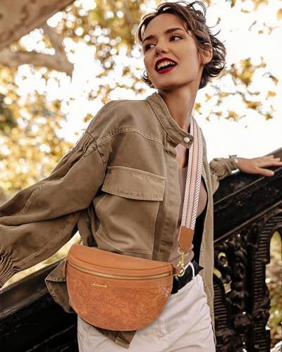 LOVEVOOK Fanny Packs for Women Cross Body, Vegan Leather Belt Bag for Women, Waterproof Sling Purse Fashion Waist Pack Designer Chest Bum Bag with Boho Style Strap - color: Embossed Brown, size: M