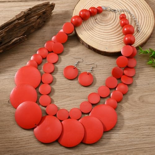 Chunky Wood Beaded Necklace Earrings Set African Tribal Collar Choker Necklace Geometric Ethnic Statement Jewelry - color: red