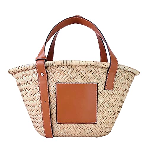 Straw Basket Tote Bag for Women PU Leather Strap Hollow Woven Top Handle Straw Purses and Handbags - color: Brown-12in-small