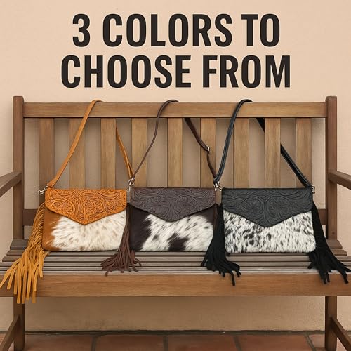 Genuine Cowhide Crossbody Purse - Tooled Leather Fringe Bag for Women - Western Shoulder Handbag Rodeo Style - color: Brown