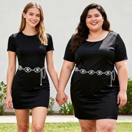 LIMHOO Women's Metal Waist Chain Belts Gold Silver Link Belt for Dresses - color: Star Silver, size: S: Length 105cm/41.3in