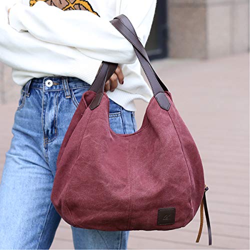 DOURR Women's Multi-pocket Shoulder Bag Fashion Cotton Canvas Handbag Tote Purse - color: Purple Coffee - Medium Size